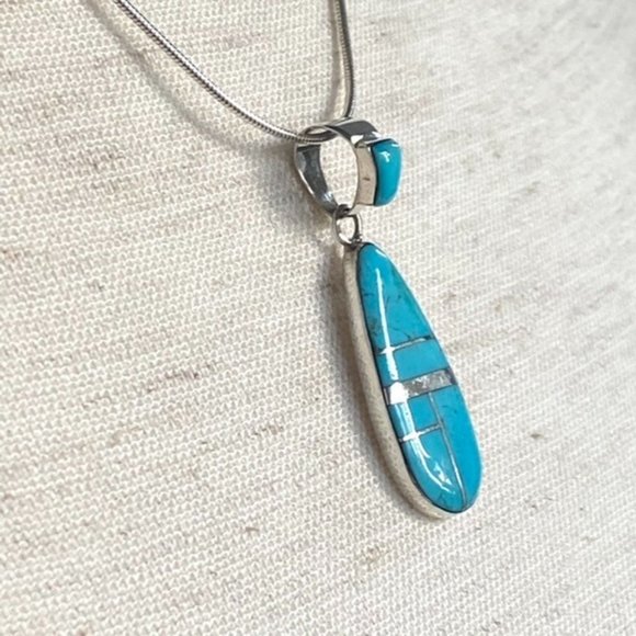 Sterling Silver Inlay Turquoise Teardrop Pendant n - Picture 6 of 14